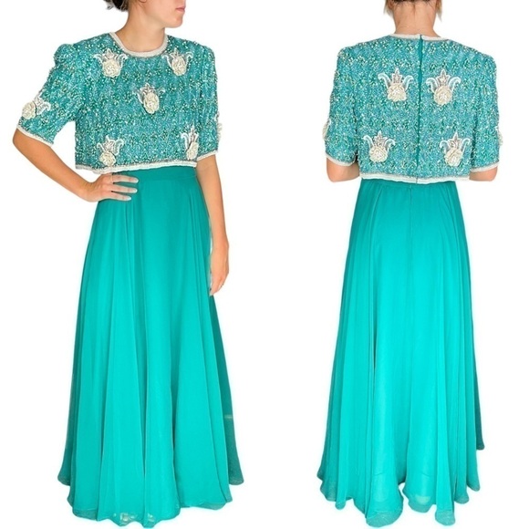 Vintage Dresses & Skirts - VINTAGE RICHILENE 70S SILK CHIFFON BEAD EMBELLISHED AQUA FORMAL EVENING GOWN